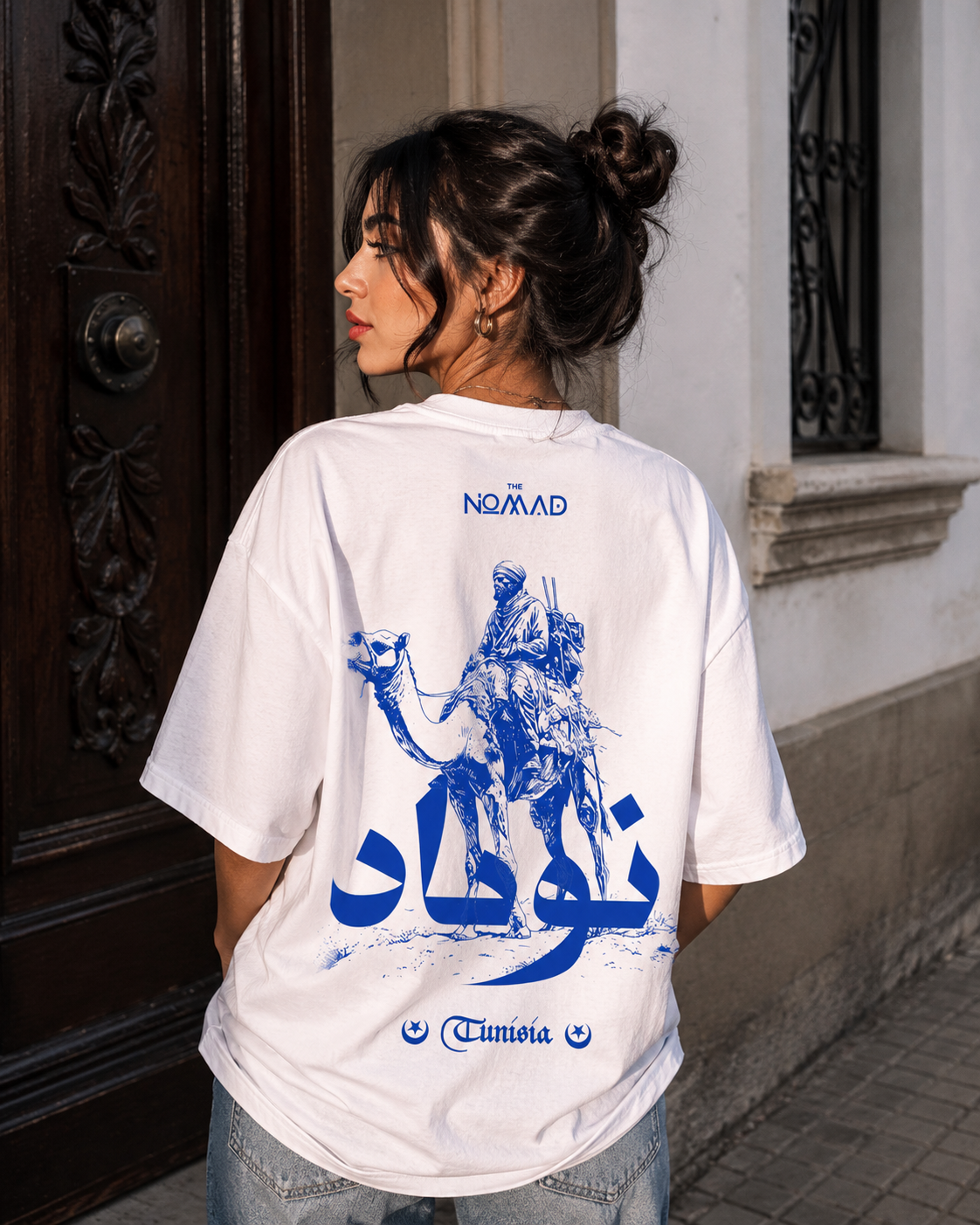 Nomad Graphic Tee — Camel Rider Arabic Script Cotton T-Shirt