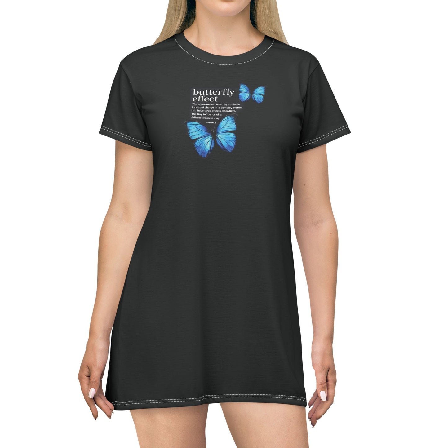 Butterfly Effect Dress — Black T-Shirt Dress with Blue Butterflies & Quote