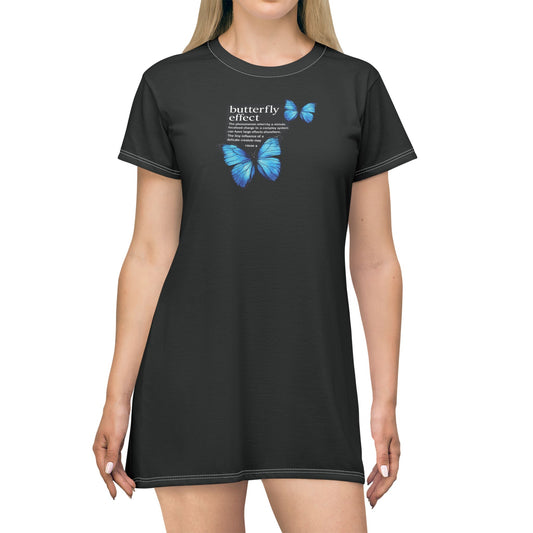 Butterfly Effect Dress — Black T-Shirt Dress with Blue Butterflies & Quote